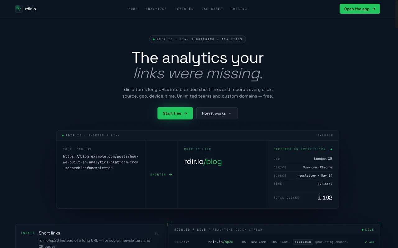 The first screen of rdir.io